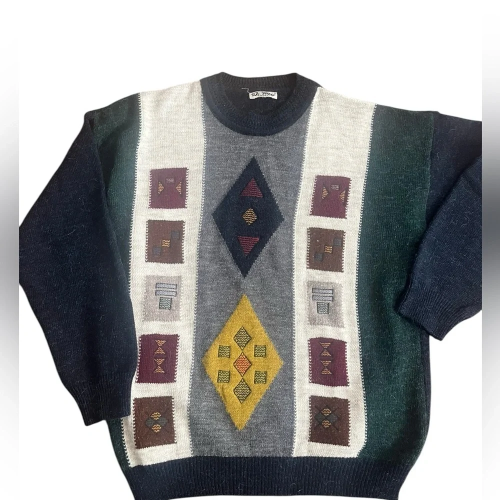 Vintage Ecelctic grandpa crewneck sweater geometric shapes blue and green base L - Picture 1 of 7